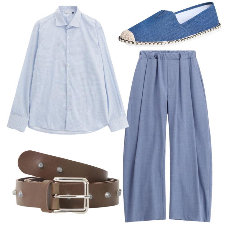 Outfit uomo - Total look. Stile Trendy per Tutti i giorni. Abbinamento con espadrillas, cinture, pantaloni, camicie.