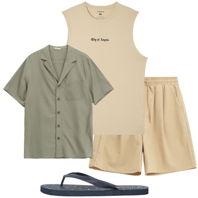 Outfit uomo - Total look #2235217. Stile Casual per Mare. Abbinamento con canottiere, sandali, bermuda, camicie a manica corta.