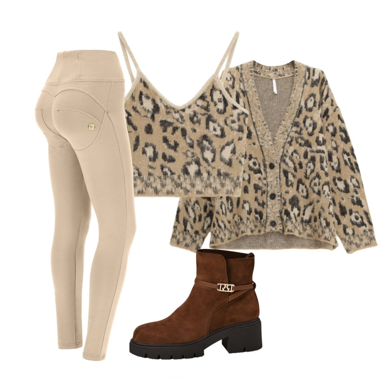Outfit donna - Completo animalier. Stile Sporty chic per Tutti i giorni. Abbinamento con stivaletti, cardigans, top, pantaloni skinny.
