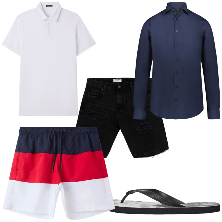 Outfit uomo - Total look #2235231. Stile Trendy per Mare. Abbinamento con bermuda, sandali, costumi, polo, camicie.