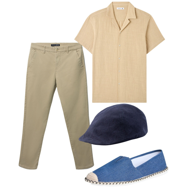 Outfit uomo - Agosto. Stile Casual per Tutti i giorni. Abbinamento con camicie a manica corta, espadrillas, pantaloni chino, cappelli con visiera.