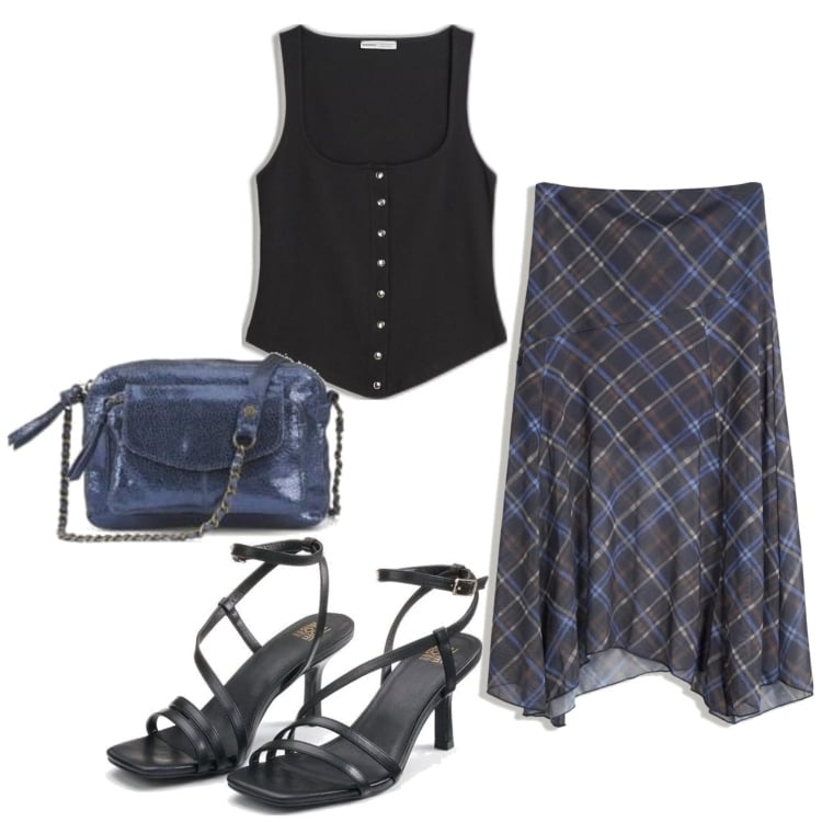 Outfit mujer - Sexy look. Estilo Sexy para Todos los días. Combinación con top, falda longuette, sandalias de tacón, bandoleras.
