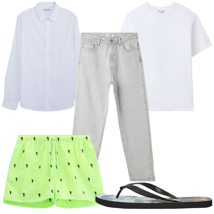 Outfit uomo - Total look #2235242. Stile Trendy per Mare. Abbinamento con sandali, t-shirt, camicie, jeans, costumi.