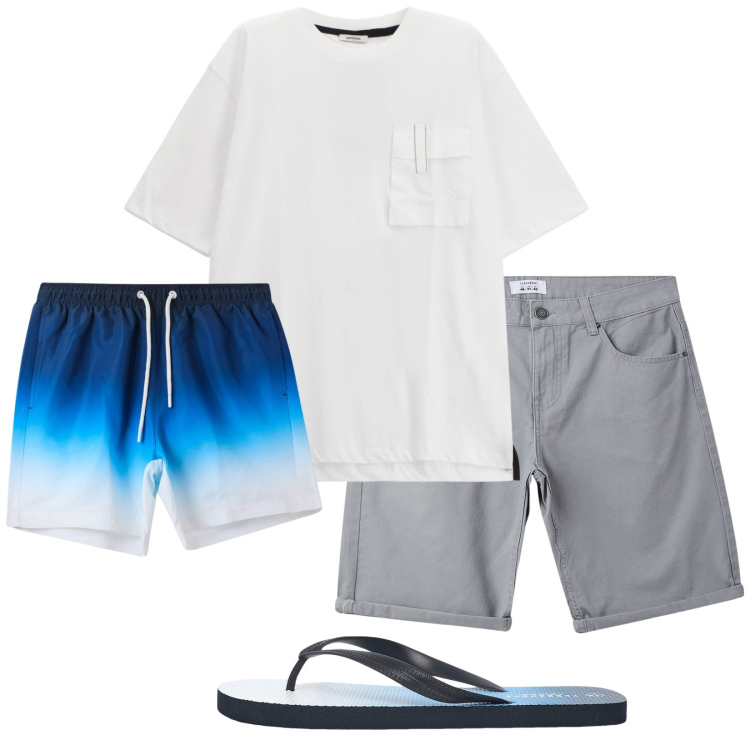 Outfit uomo - Total look #2235245. Stile Casual per Mare. Abbinamento con sandali, bermuda, costumi, t-shirt.