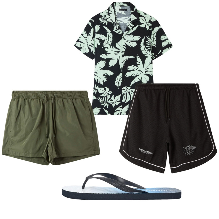 Outfit uomo - Total look #2235250. Stile Trendy per Mare. Abbinamento con camicie a manica corta, sandali, costumi, bermuda.