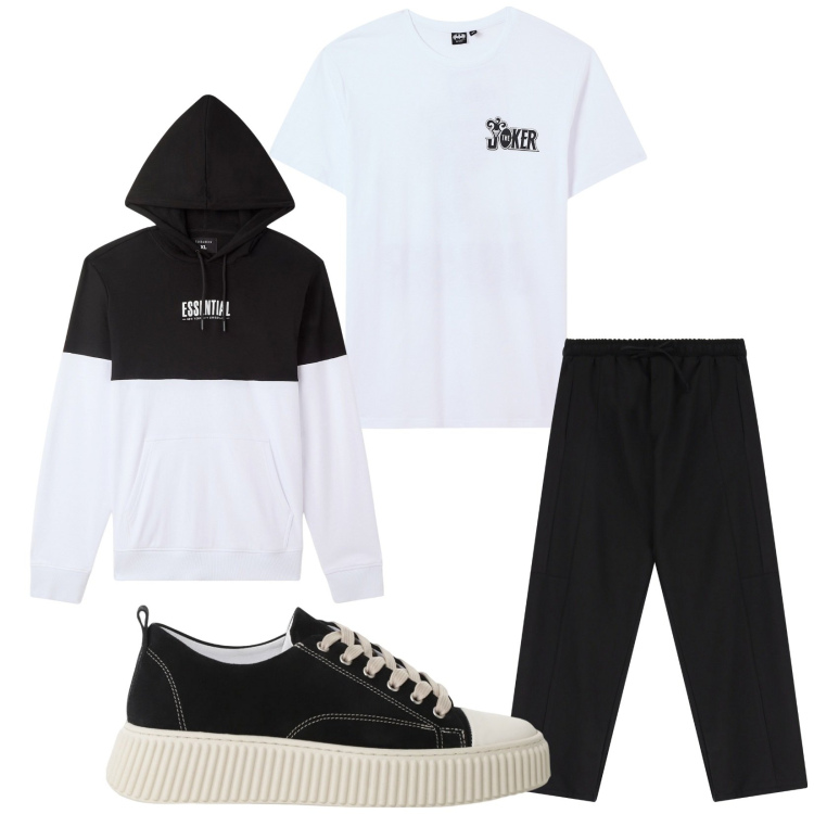 Outfit uomo - Total look #2235258. Stile Trendy per Tutti i giorni. Abbinamento con felpe con cappuccio, t-shirt, sneakers, pantaloni cargo.