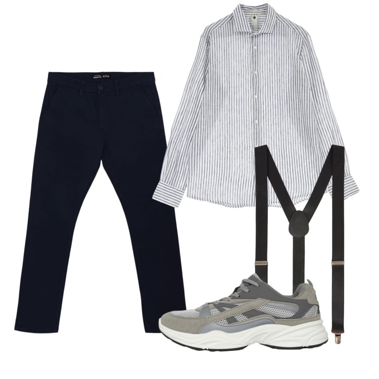Outfit uomo - Agosto. Stile Casual per Tutti i giorni. Abbinamento con pantaloni chino, sneakers, camicie, bretelle.