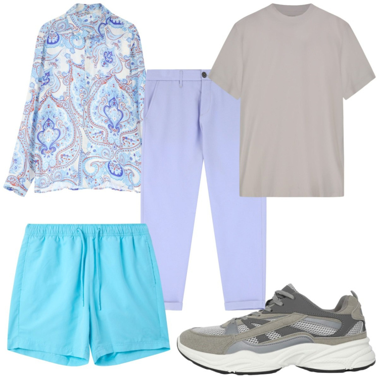 Outfit uomo - Total look #2235263. Stile Trendy per Mare. Abbinamento con costumi, sneakers, pantaloni chino, camicie, t-shirt.