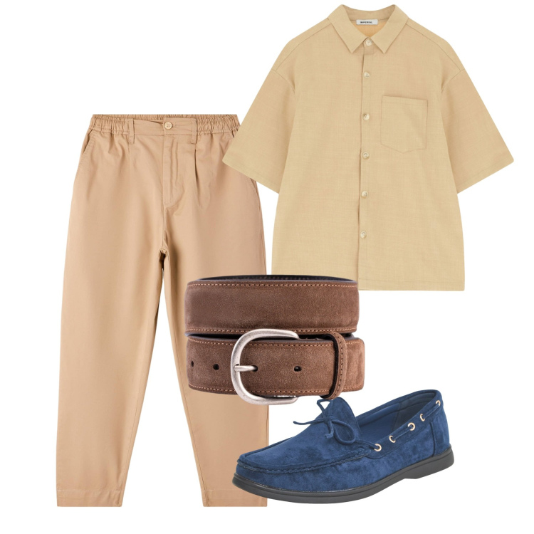 Outfit uomo - Agosto. Stile Casual per Tutti i giorni. Abbinamento con scarpe stringate, pantaloni, camicie a manica corta, cinture.