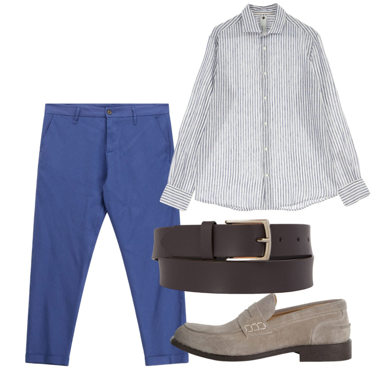 Outfit uomo - Agosto. Stile Casual per Tutti i giorni. Abbinamento con camicie, scarpe stringate, pantaloni, cinture.