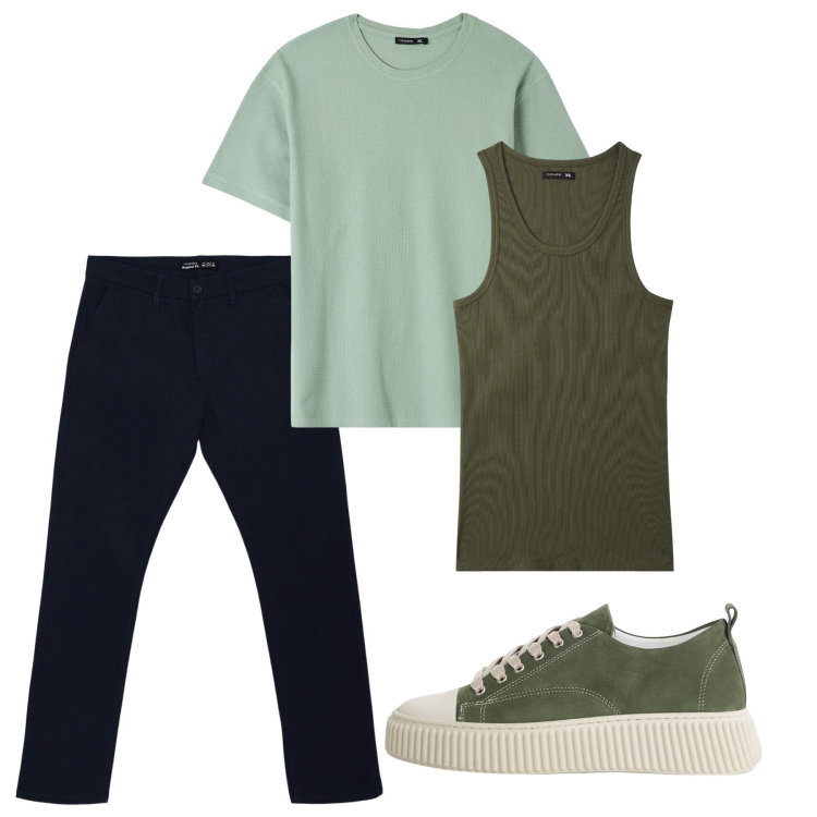 Outfit uomo - Agosto. Stile Casual per Tutti i giorni. Abbinamento con sneakers, canottiere, t-shirt, pantaloni chino.