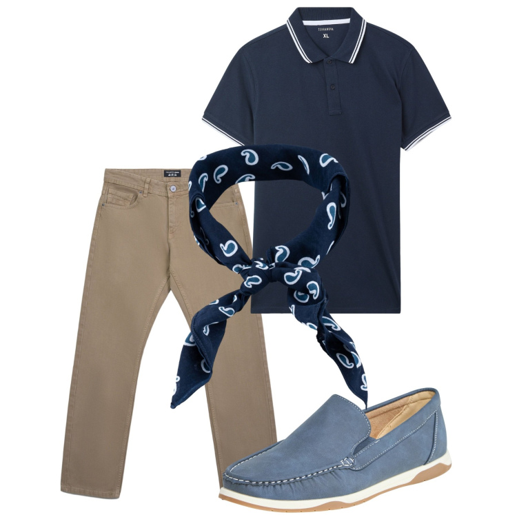 Outfit uomo - Agosto. Stile Casual per Tutti i giorni. Abbinamento con scarpe stringate, polo, jeans, sciarpe e foulard.