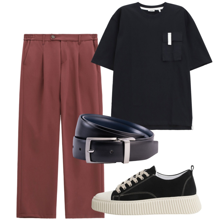 Outfit uomo - Agosto. Stile Trendy per Tutti i giorni. Abbinamento con sneakers, pantaloni, t-shirt, cinture.