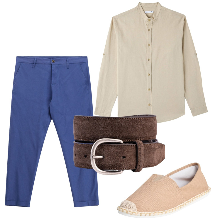 Outfit uomo - Agosto. Stile Casual per Tutti i giorni. Abbinamento con camicie, espadrillas, pantaloni, cinture.