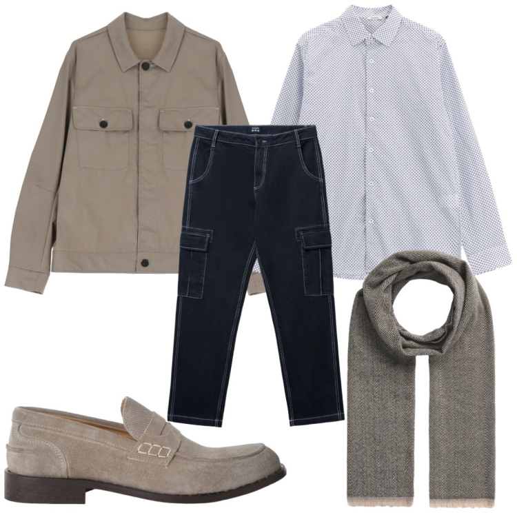 Outfit uomo - Total look #2235285. Stile Casual per Tutti i giorni. Abbinamento con pantaloni cargo, sciarpe, scarpe stringate, giacche, camicie.