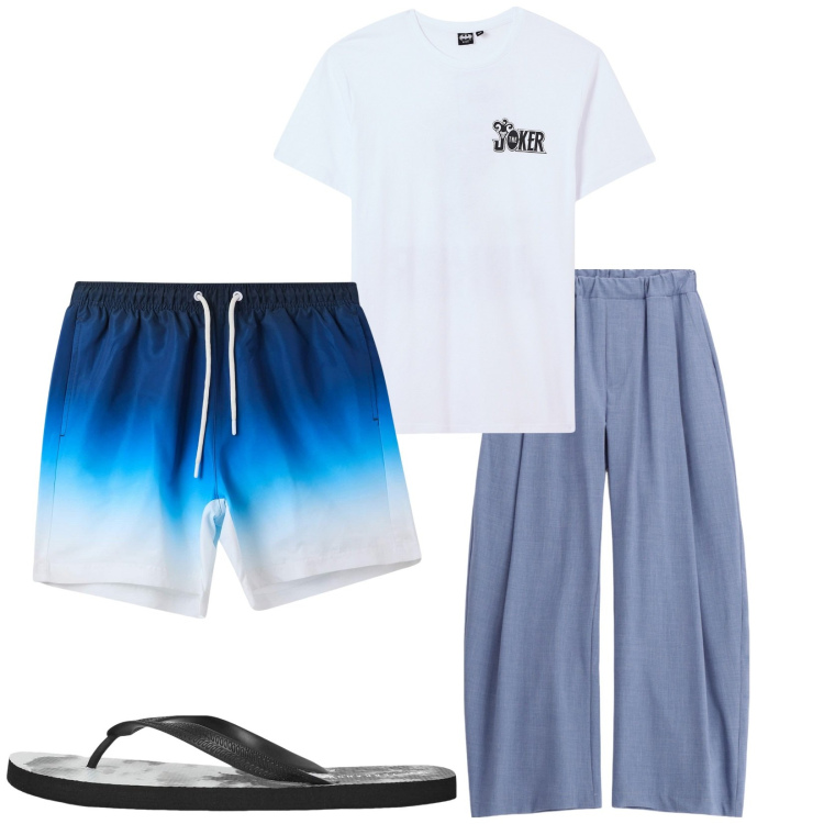 Outfit uomo - Total look #2235292. Stile Trendy per Mare. Abbinamento con t-shirt, sandali, costumi, pantaloni.