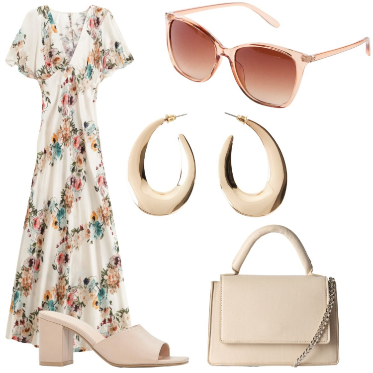 Outfit donna - Mai senza orecchini. Stile Casual chic per Mare. Abbinamento con orecchini, sandali col tacco, occhiali da sole, borse a tracolla, vestiti lunghi.