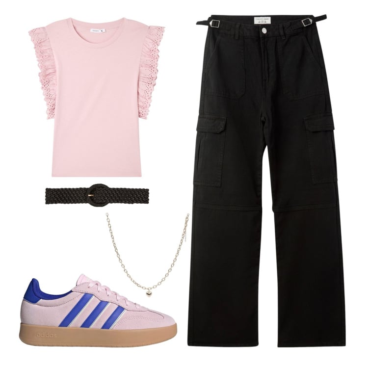 Outfit donna - B&P. Stile Sporty chic per Scuola/Università. Abbinamento con t-shirt, collane, cinture, pantaloni cargo, sneakers.