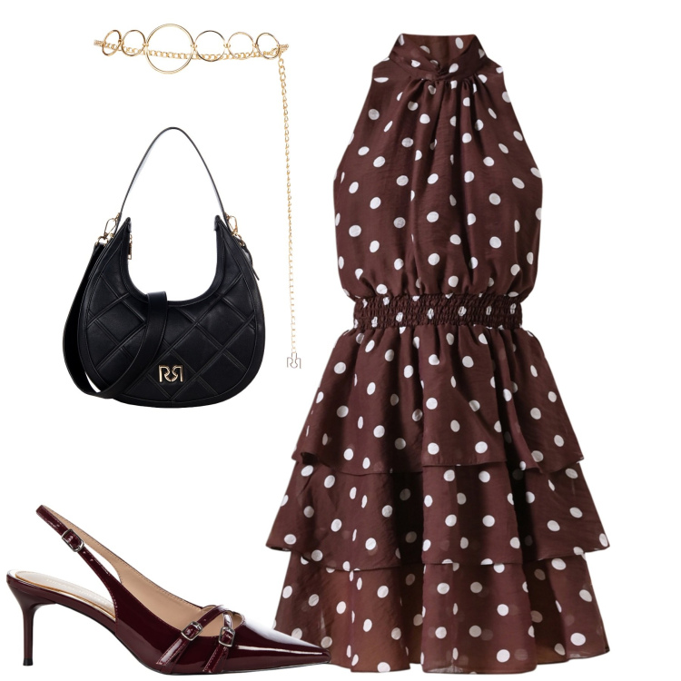 Outfit donna - A pois. Stile Urban per Tutti i giorni. Abbinamento con vestiti senza maniche, borse a tracolla, cinture, décolleté.