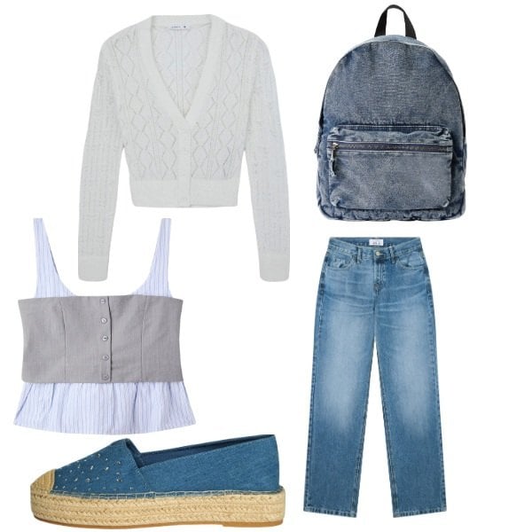 Outfit donna - Total look #2235311. Stile Casual per Scuola/Università. Abbinamento con jeans dritti, top, espadrillas, zaini, cardigans.