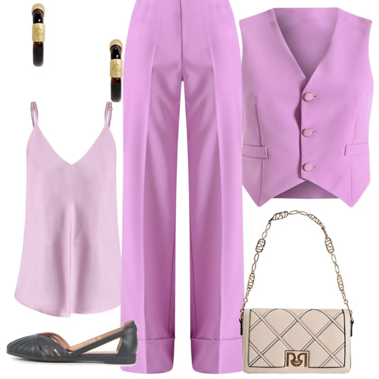 Outfit donna - Total look #2235315. Stile Bon Ton per Serata fuori. Abbinamento con gilet, pantaloni a palazzo, borse a tracolla, canottiere, orecchini, ballerine.