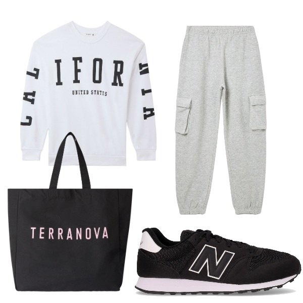 Outfit donna - Total look #2235317. Stile Casual per Scuola/Università. Abbinamento con pantaloni cargo, felpe, borse tote, sneakers.