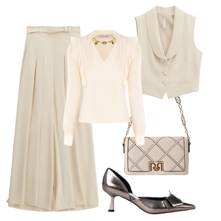 Outfit donna - Décolleté a contrasto. Stile Chic per Serata fuori. Abbinamento con bluse, décolleté, borse a tracolla, pantaloni a palazzo, gilet.