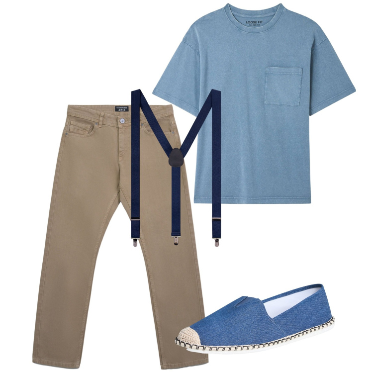 Outfit uomo - Agosto. Stile Casual per Tutti i giorni. Abbinamento con t-shirt, espadrillas, jeans, bretelle.