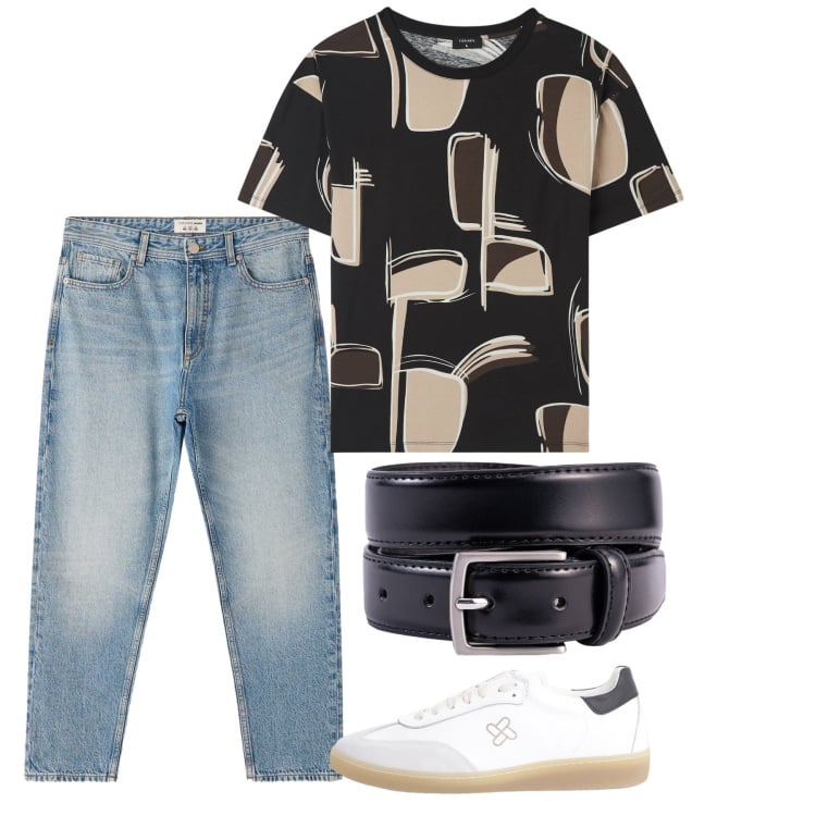 Outfit uomo - Agosto. Stile Casual per Tutti i giorni. Abbinamento con t-shirt, jeans dritti, sneakers, cinture.