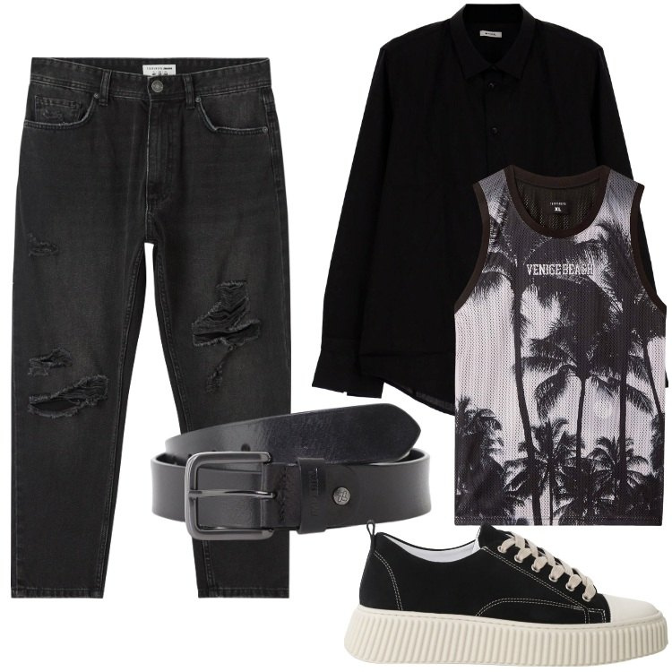 Outfit uomo - Paint It, Black. Stile Urban per Tutti i giorni. Abbinamento con jeans strappati, canottiere, sneakers, cinture, camicie.