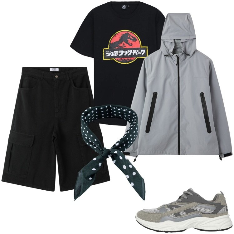 Outfit uomo - Good times bad times. Stile Trendy per Mare. Abbinamento con bermuda, t-shirt, sneakers, giacche, sciarpe e foulard.