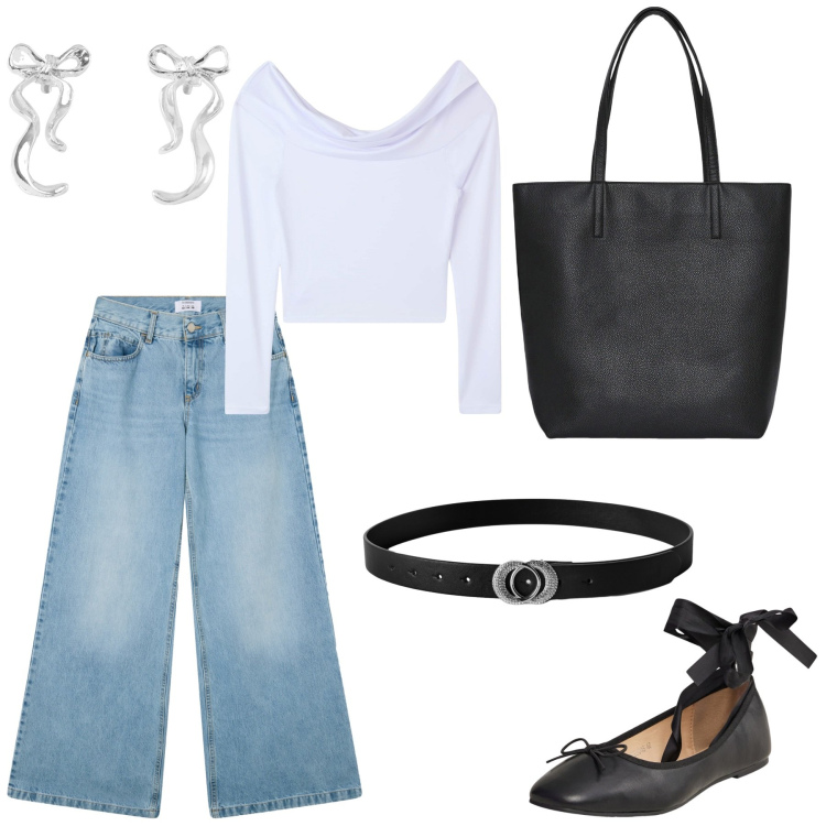 Outfit donna - Back to school. Stile Casual chic per Scuola/Università. Abbinamento con t-shirt, jeans, borse tote, cinture, orecchini, ballerine.