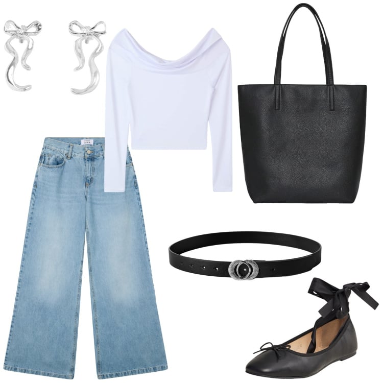 Outfit donna - Back to school. Stile Casual chic per Scuola/Università. Abbinamento con t-shirt, jeans, borse tote, cinture, ballerine, orecchini.