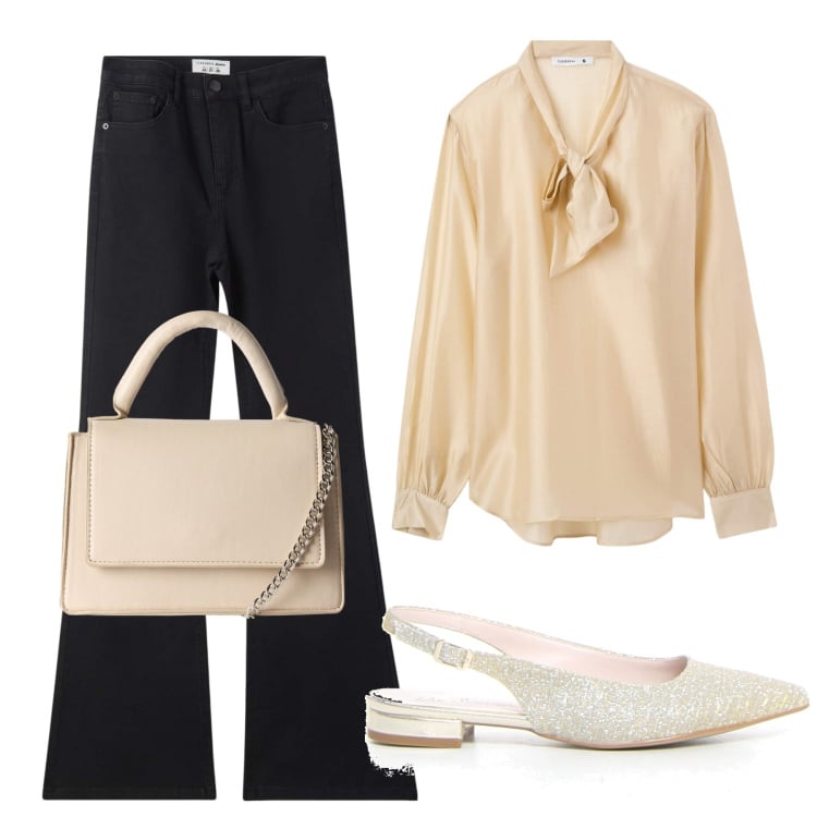 Outfit donna - Total look #2235352. Stile Bon Ton per Ufficio. Abbinamento con bluse, borse a tracolla, jeans a zampa, décolleté.