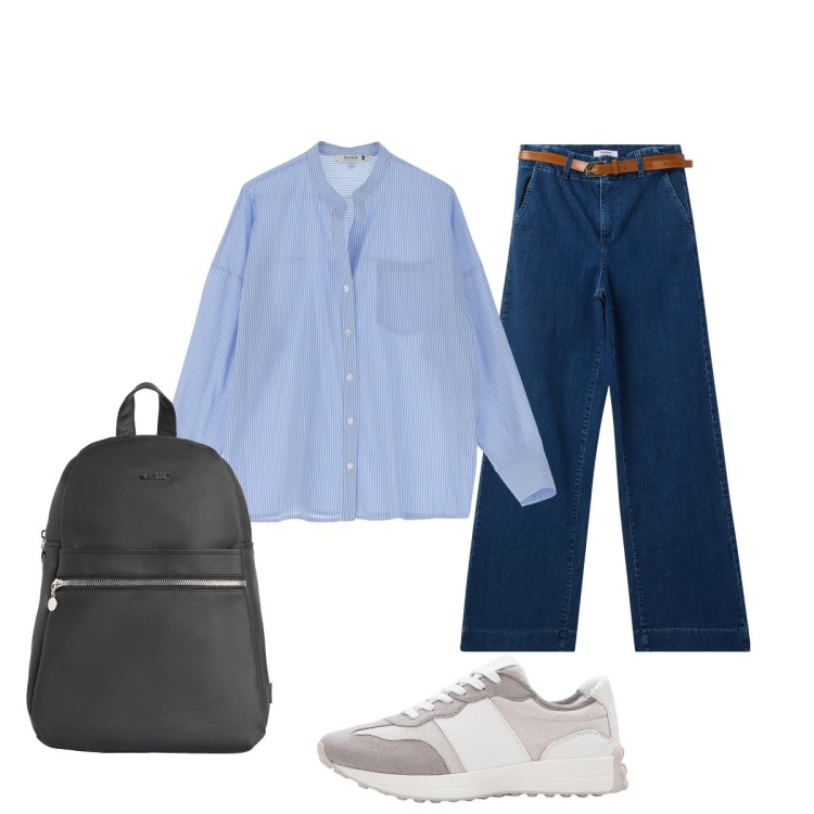 Outfit donna - All’università. Stile Minimal per Scuola/Università. Abbinamento con sneakers, jeans, camicie, zaini.