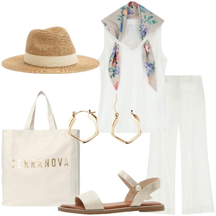 Outfit donna - Giornata in un borgo estivo. Stile Trendy per Tutti i giorni. Abbinamento con sandali, orecchini, cappelli, borse tote, pantaloni, top.