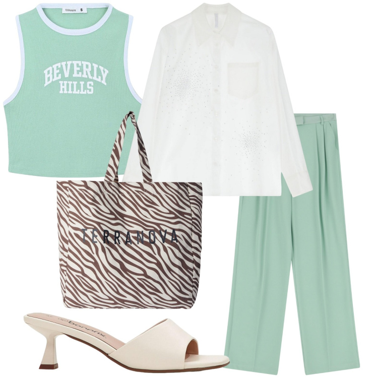 Outfit donna - Sportiva chic. Stile Glamour per Tutti i giorni. Abbinamento con ciabatte, borse tote, canottiere, pantaloni, camicie.