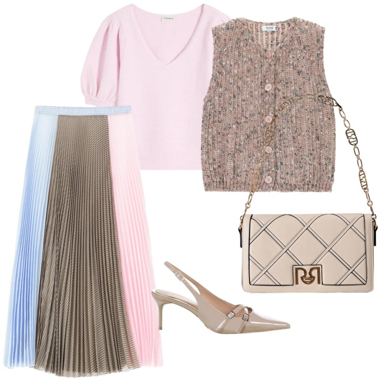 Outfit donna - Ritorno a lavoro da diva. per Ufficio. Abbinamento con t-shirt, décolleté, borse a tracolla, gilet, gonne lunghe.