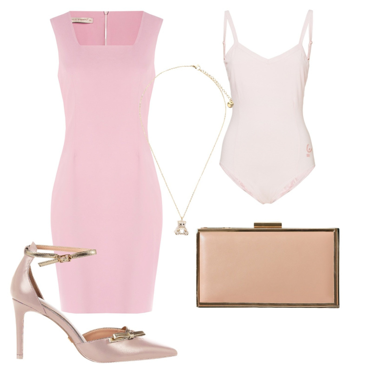 Outfit donna - Tubino pink. Stile Chic per Ufficio. Abbinamento con vestiti a tubino, décolleté, pochette, body, ciondoli.
