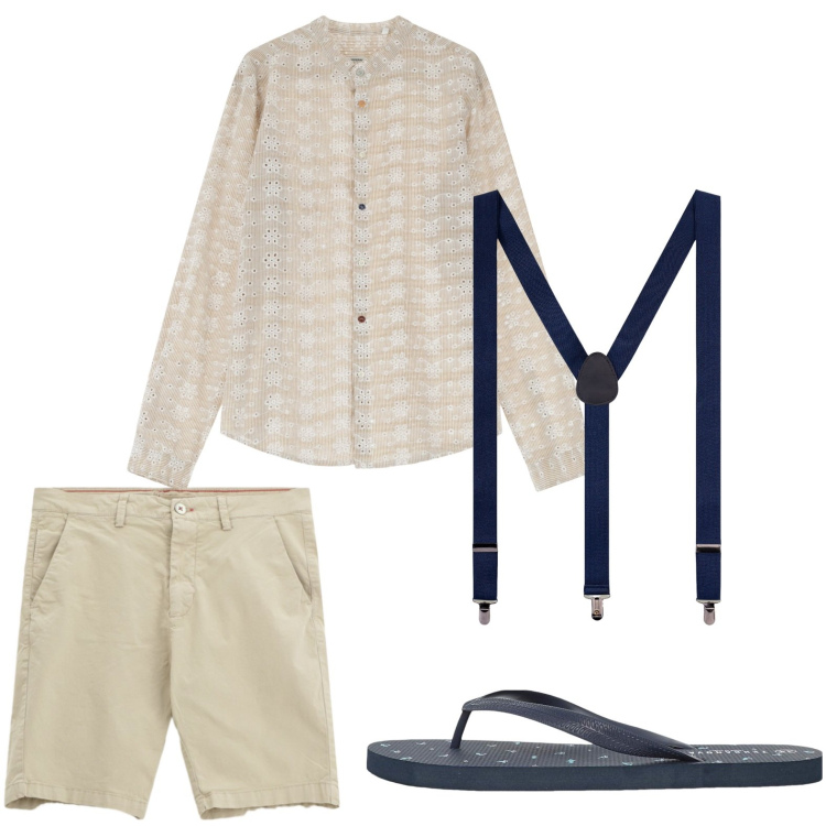Outfit uomo - Le bermuda caramello. Stile Casual per Tutti i giorni. Abbinamento con sandali, camicie, bermuda, bretelle.