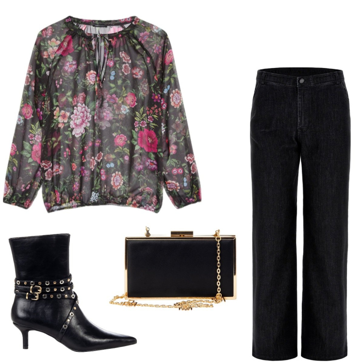 Outfit donna - Serata autunnale in flower. Stile Casual per Tutti i giorni. Abbinamento con pochette, stivaletti, jeans, bluse.