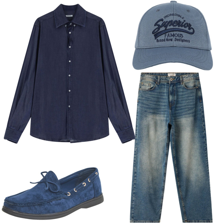 Outfit uomo - Denim super-baggy. Stile Casual per Tutti i giorni. Abbinamento con scarpe stringate, cappelli con visiera, jeans, camicie.