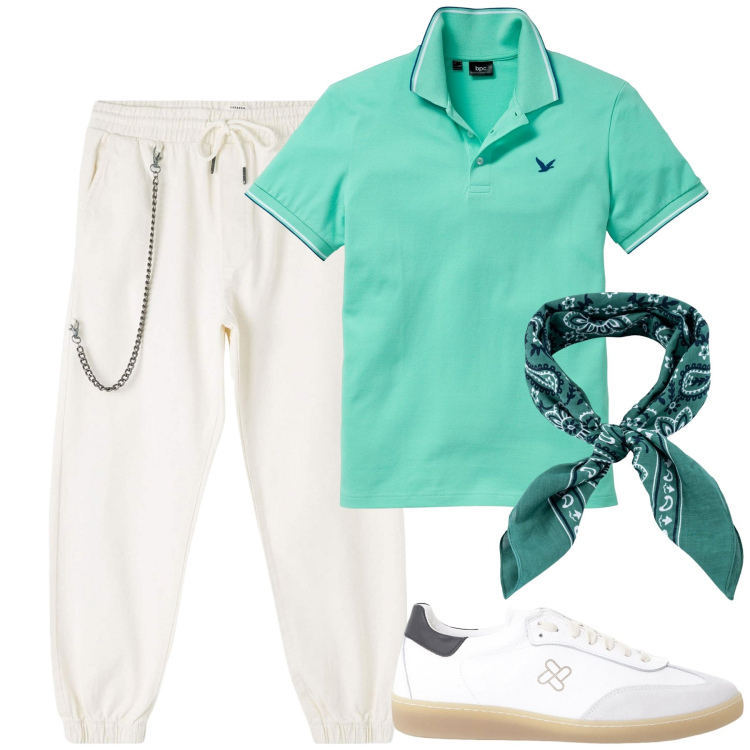 Outfit uomo - Total look #2235392. Stile Casual per Tutti i giorni. Abbinamento con polo, pantaloni sportivi, sneakers, sciarpe e foulard.