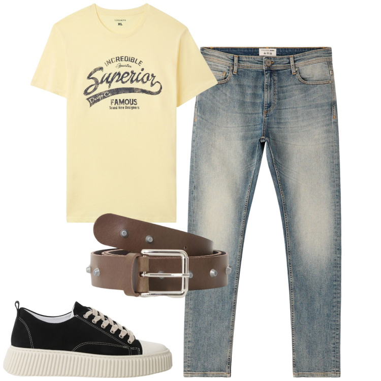 Outfit uomo - Total look #2235393. Stile Casual per Tutti i giorni. Abbinamento con t-shirt, jeans skinny, sneakers, cinture.