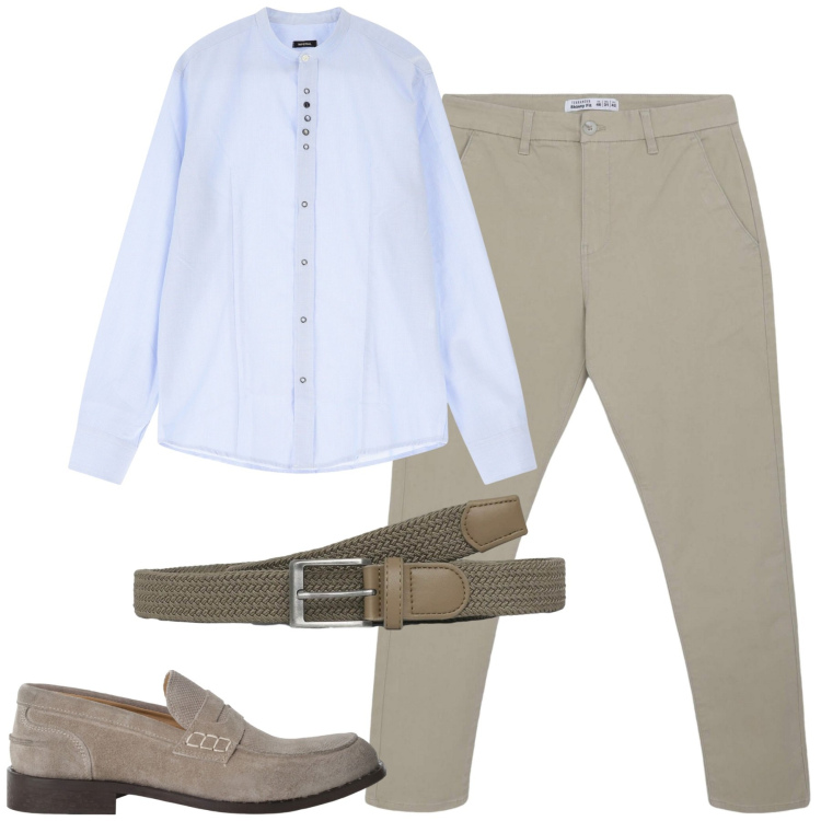 Outfit uomo - Aperitivo. Stile Trendy per Serata speciale. Abbinamento con pantaloni chino, cinture, camicie, scarpe stringate.