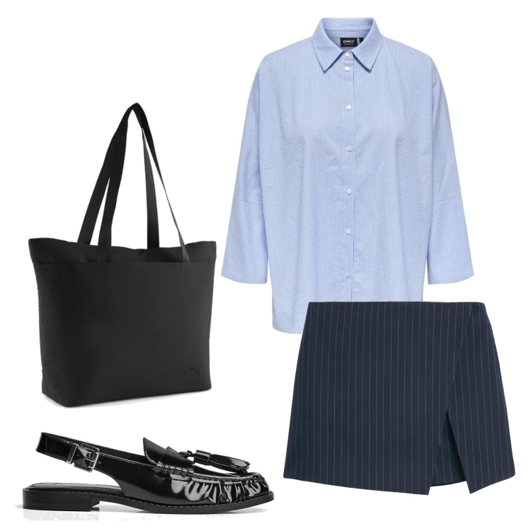 Outfit mujer - Trendy look. Estilo Trendy para Todos los días. Combinación con mocasines, faldas, camisas, bolso tote.