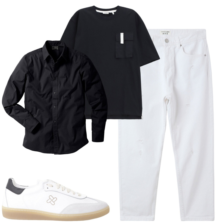 Outfit uomo - Total look #2235409. Stile Trendy per Serata speciale. Abbinamento con camicie, jeans strappati, sneakers, t-shirt.