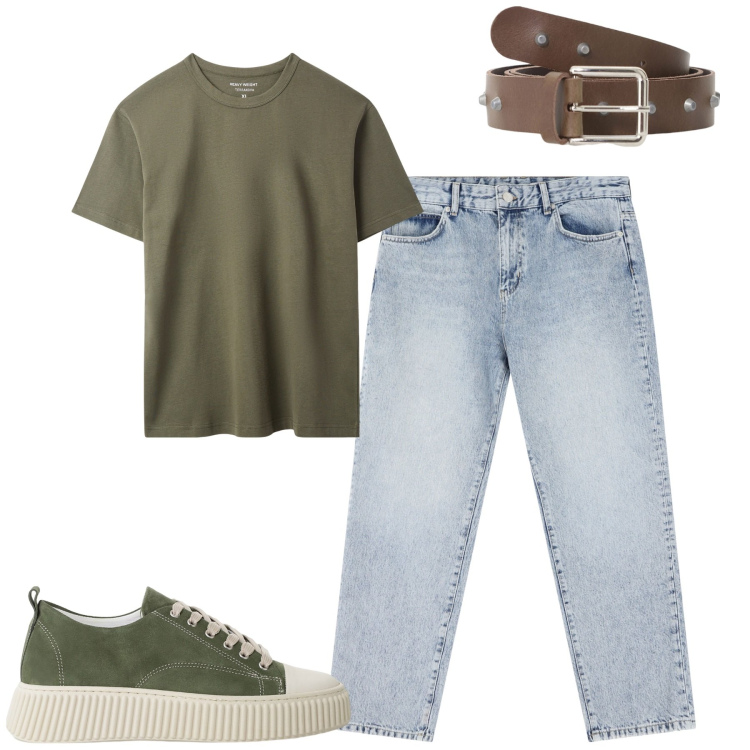 Outfit uomo - Total look #2235411. Stile Casual per Tutti i giorni. Abbinamento con t-shirt, sneakers, jeans dritti, cinture.