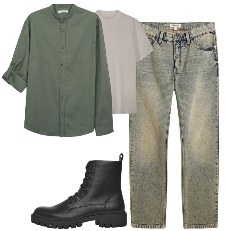 Outfit uomo - Total look #2235412. Stile Casual per Tutti i giorni. Abbinamento con jeans dritti, anfibi, camicie, t-shirt.
