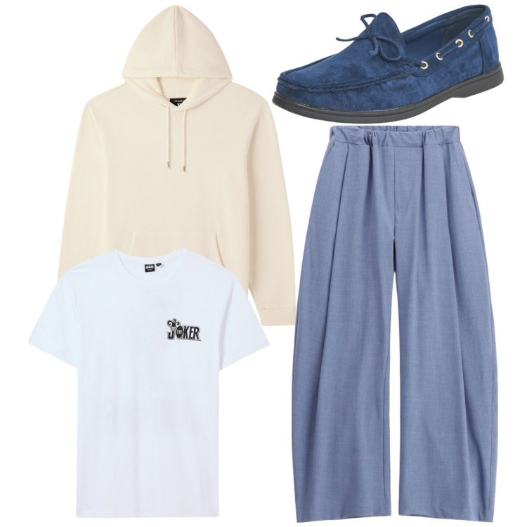 Outfit uomo - City. Stile Casual per Tutti i giorni. Abbinamento con scarpe stringate, t-shirt, felpe con cappuccio, pantaloni.